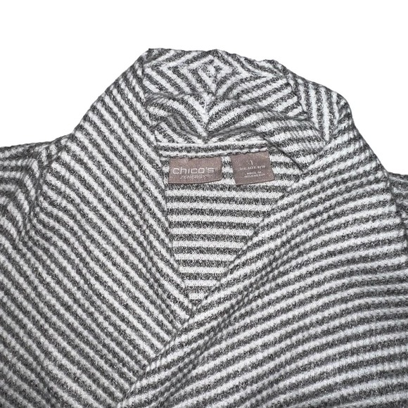 Chico's Cascading Cardigan in Grey and White Stripe - Size 8 - Picture 2 of 10